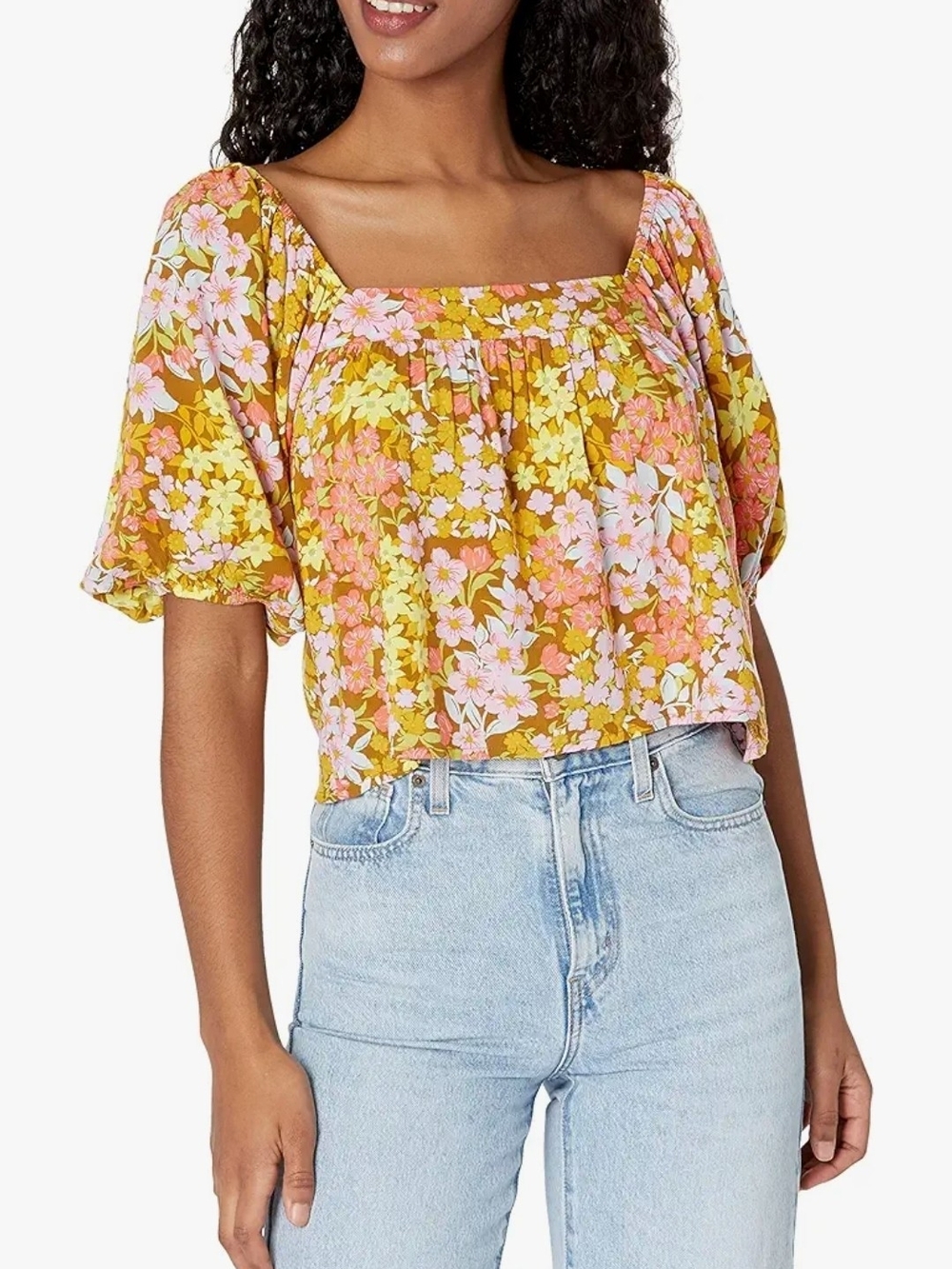 Billabong Floral Square-Neck Puff Sleeve Top - Yellow Pink